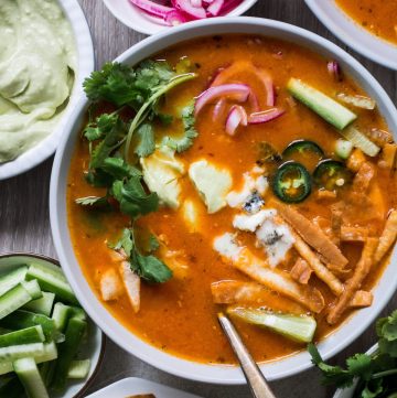 Mexican hot pot soup in white bowl