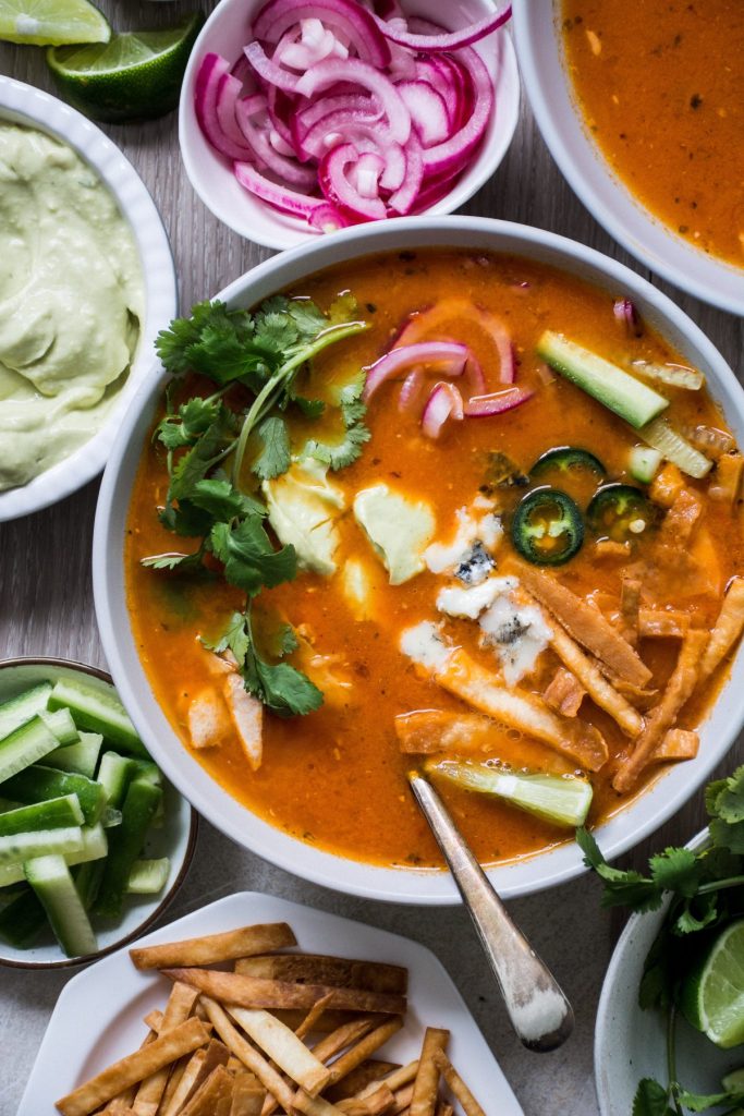 Mexican hot pot soup in white bowl
