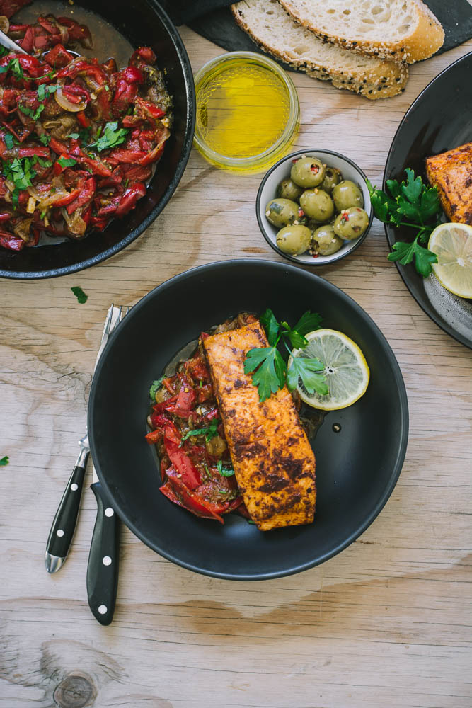 Pan fried Salmon with Peperonata - thespiceadventuress.com