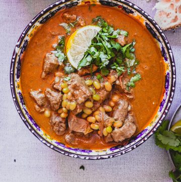 Lamb curry with haricot beans in colourful bowl
