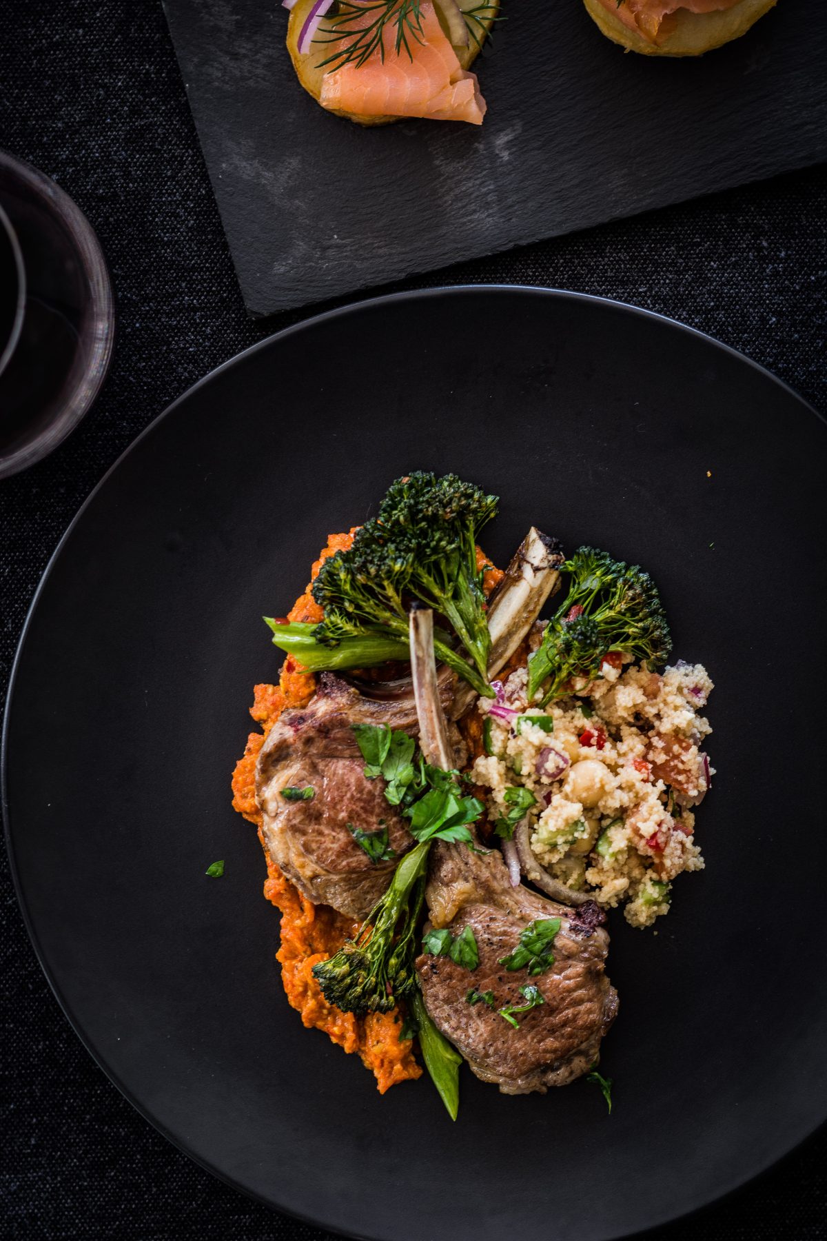 Lamb Cutlets (with Roasted Red Pepper Cashew Puree, Couscous Salad and Charred Broccolini) - thespiceadventuress.com