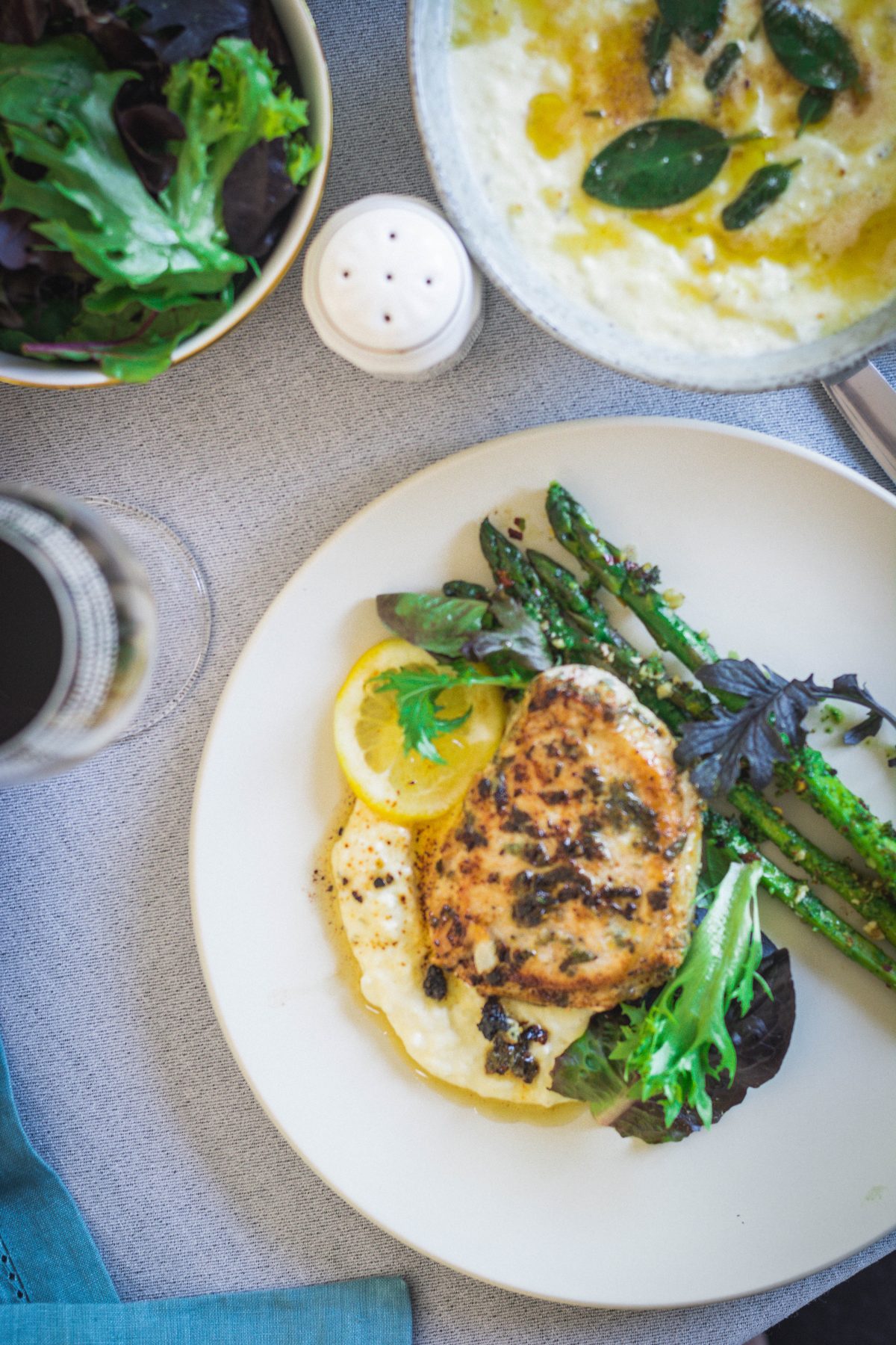 Pork fillets (with sage, lemon and garlic), Mashed potatoes (with sage, brown butter) and Grilled Asparagus (with parsley pesto) - thespiceadventuress.com