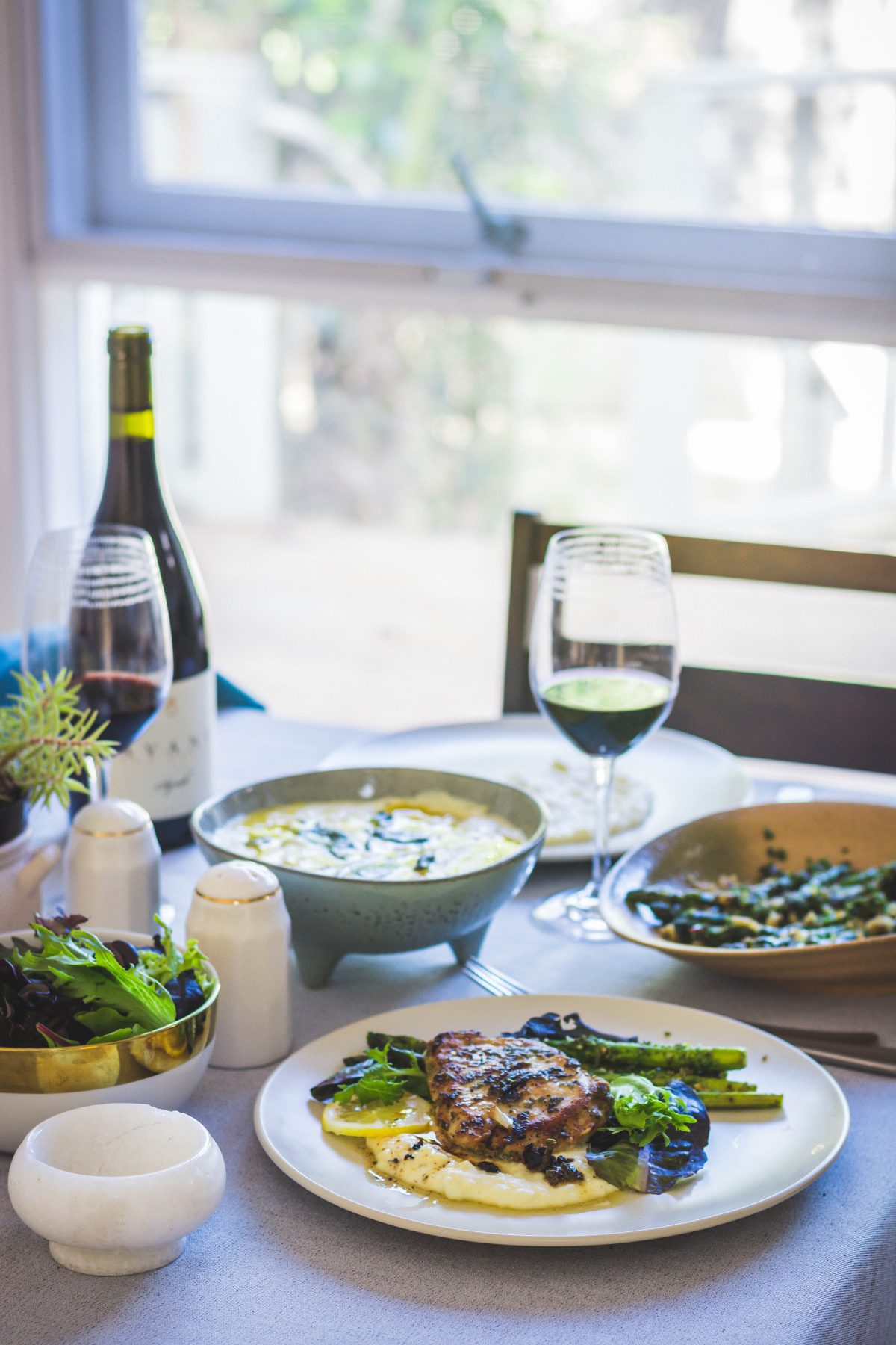 Pork fillets (with sage, lemon and garlic), Mashed potatoes (with sage, brown butter) and Grilled Asparagus (with parsley pesto) - thespiceadventuress.com