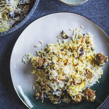 Lucknow style kofta pulao on white plate