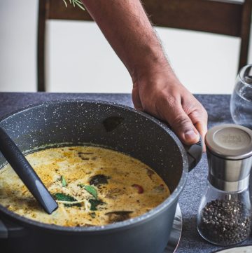 hand holding pot with Kerala style fried chicken stew