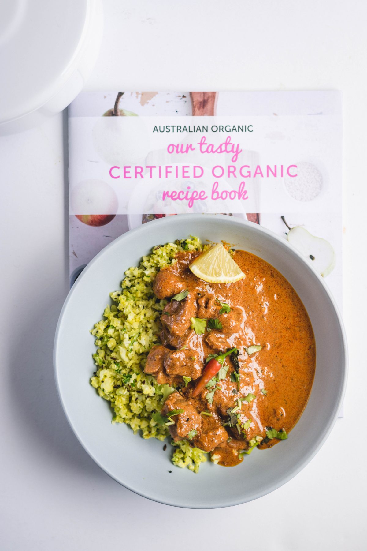 Organic Coconut Beef Curry with Cauliflower Rice - Australian Organics cookbook; thespiceadventuress.com