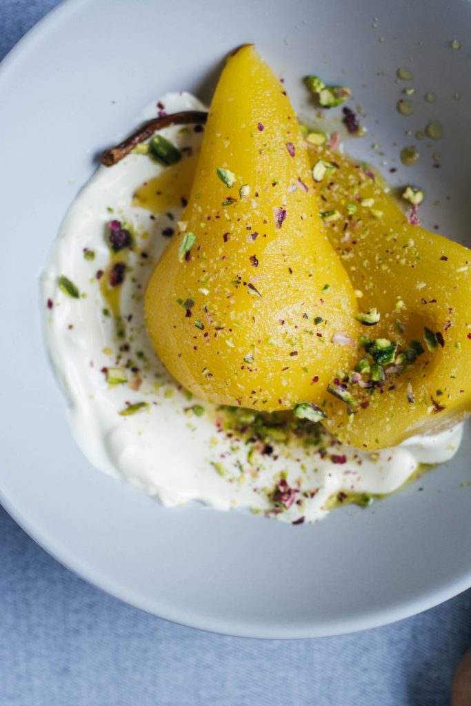 Poached Pears (with Cardamom, Saffron and Pistachios) - thespiceadventuress.com
