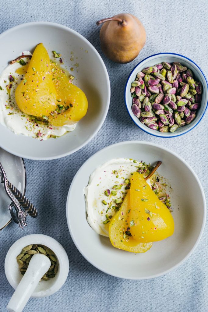 Poached Pears (with Cardamom, Saffron and Pistachios) - thespiceadventuress.com