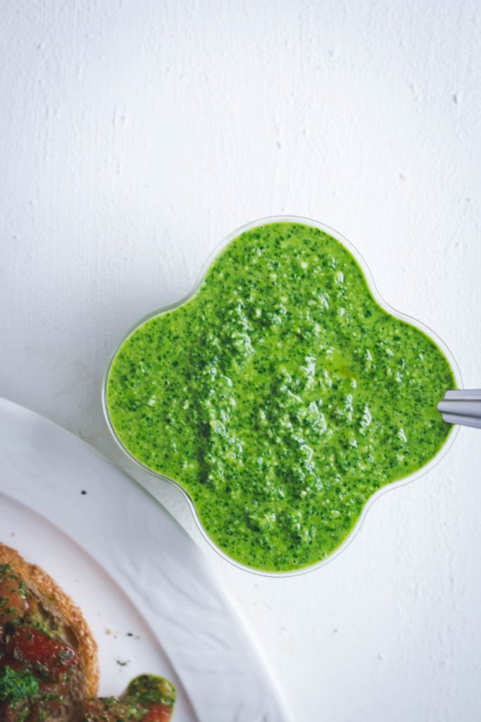 Rocket almond pesto in bowl