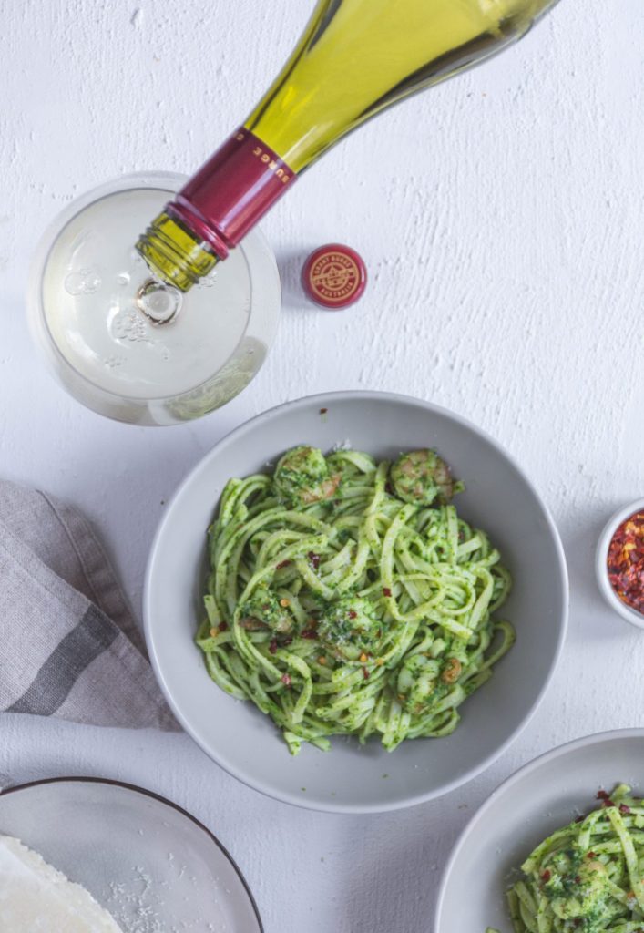 Tagliatelle with pesto and prawns plus white wine on the side