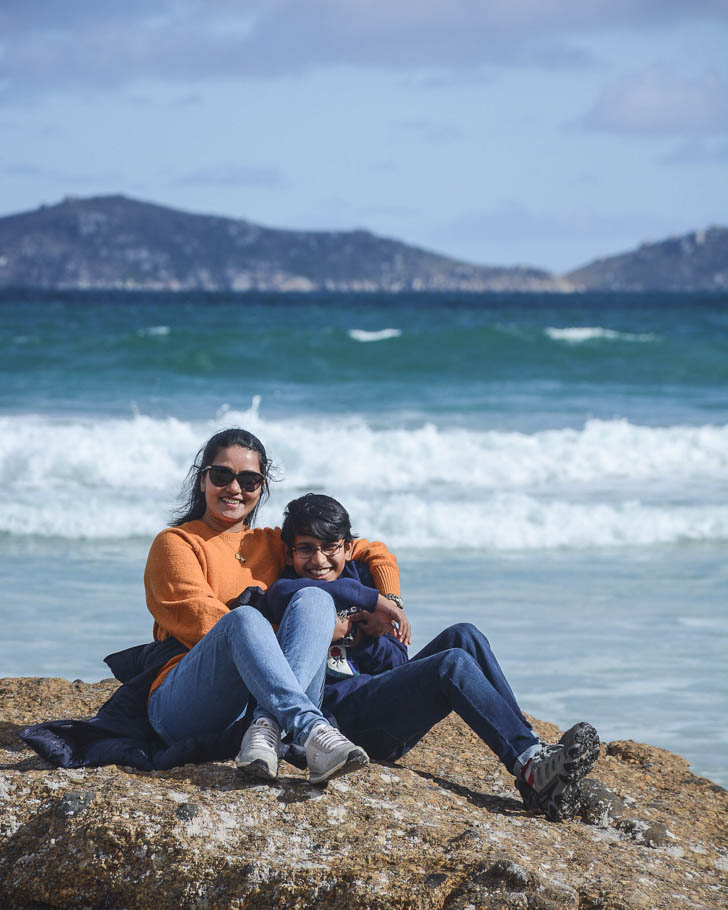 mother and son on beach