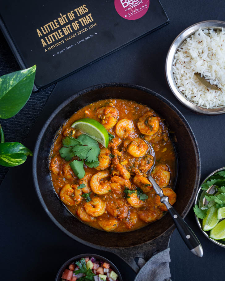 prawn curry in black cast iron pan