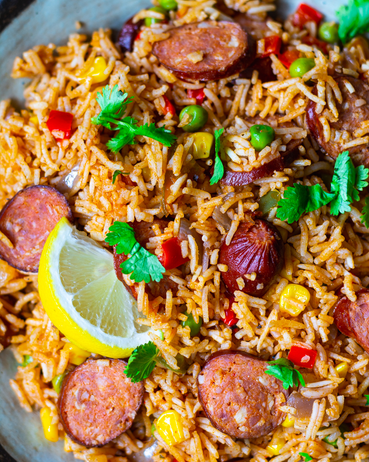 close up of Spanish rice with chorizo